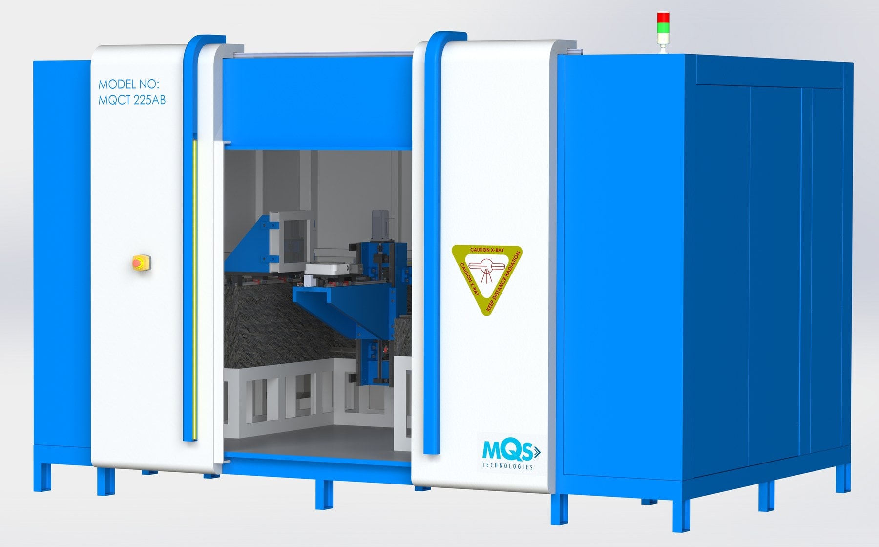 MQX.NeVa industrial CT cabinet with motorized doors open, showing the internal tube, detector and object manipulators