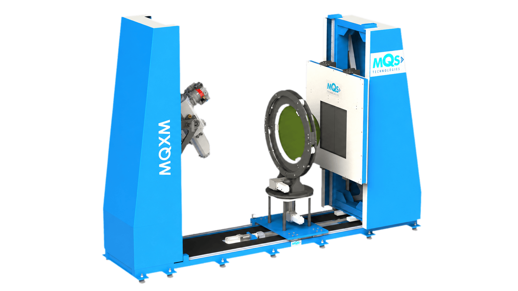 MQX.NeVa microfocus computed tomography system with open frame, rotary stage and flat panel detector